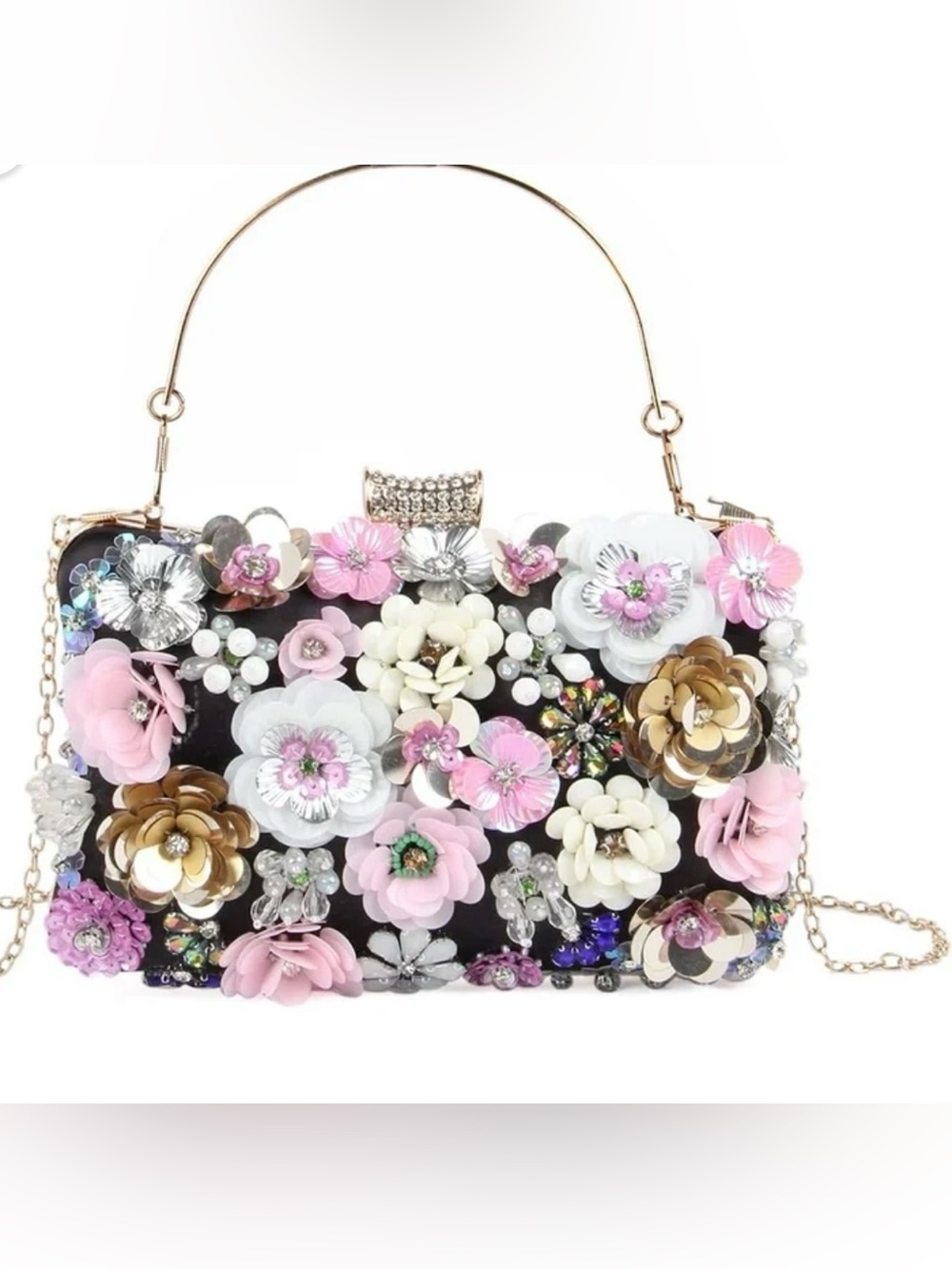 Floral Appliqué Evening Shoulder Bag — Pink, White & Gold